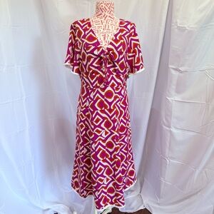 NWT Tahari ASL Geo Print Fringed Midi Fit & Flare Dress Wild Berry Size 8P‎